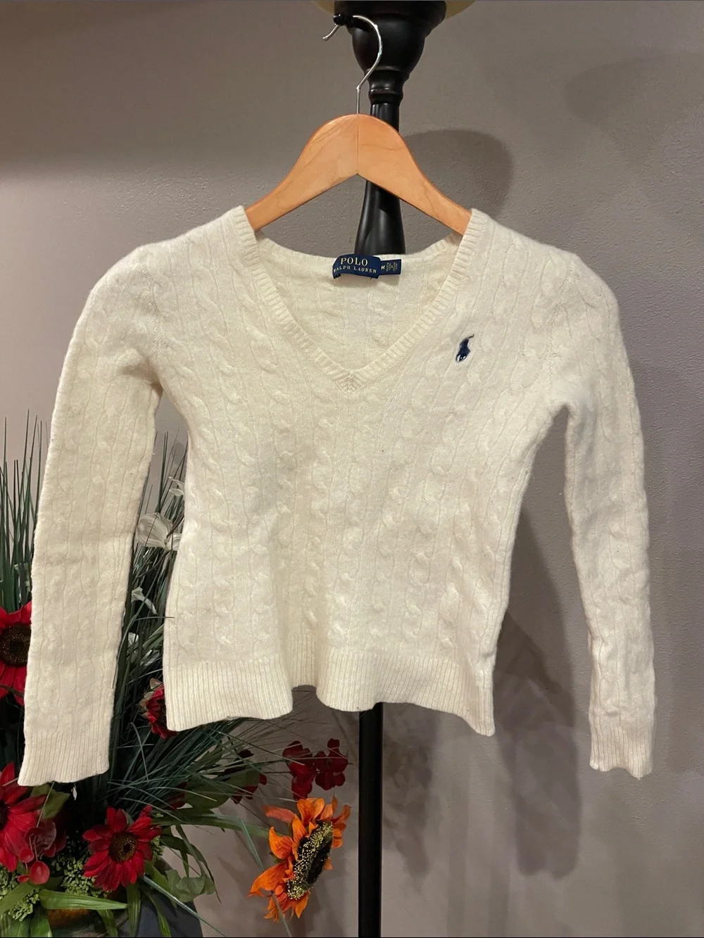 Ralph Lauren Cream Cable-Knit V-Neck Sweater
